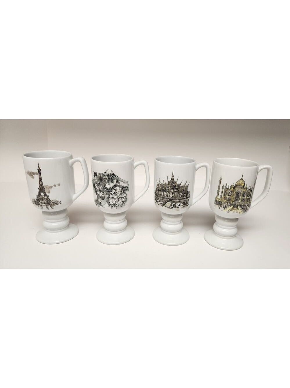 Kaysons International Pedestal Coffee Mugs Lot Of 4 Vtg 1965 Historical Landmark